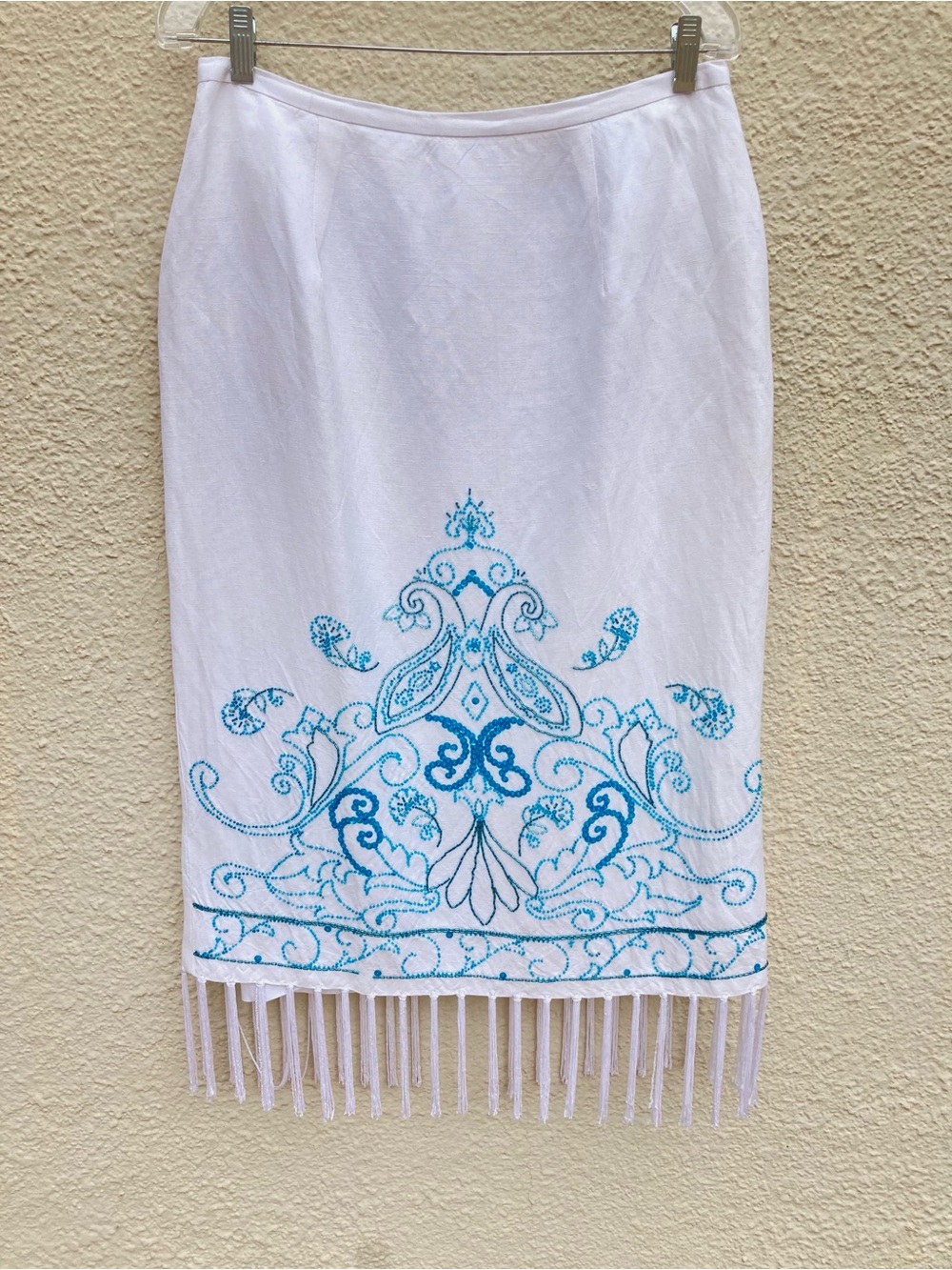 White Linen Blend Turquoise Beaded Skirt with Fringe